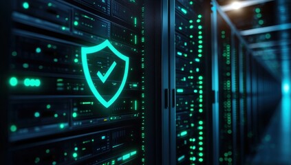 A high-tech server room with glowing green lights and a digital shield symbol, representing cybersecurity and data protection.