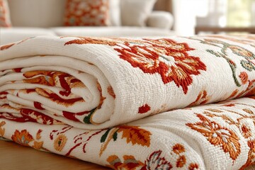 Close-up of a folded vintage rug with intricate floral design