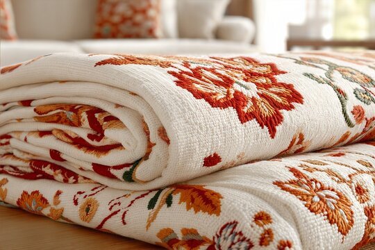 Close-up of a folded vintage rug with intricate floral design