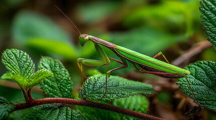 A close-up shot of a vibrant green praying mantis perched on a leafy branch.