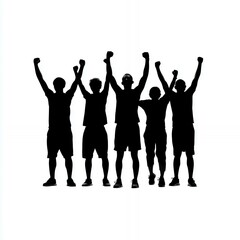 Team Celebrates Victory in Silhouette With Raised Hands at Sunset