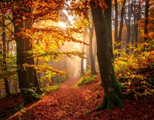 autumn in the woods, beautiful morning sunrise in foggy autumnal forest