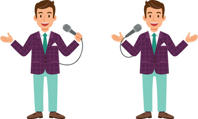 Cartoon man with microphone, wired and wireless mic comparison, presenter character illustration, public speaking, performance, entertainment, communication, stage show,