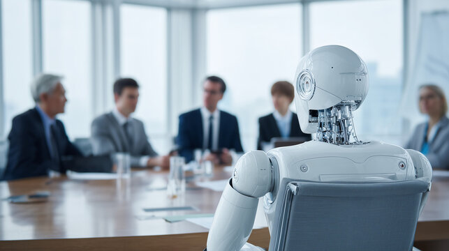 Rear view of a humanoid robot attending a corporate business meeting with executives