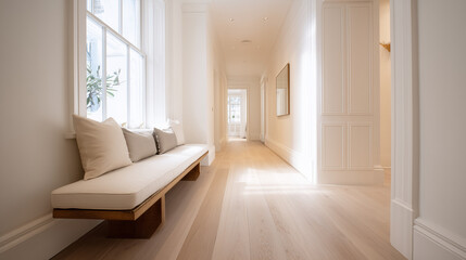 Sunlit luxury minimalist hallway interior with light wood floor and window seat