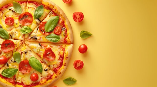 Delicious pizza with mozzarella, basil, and fresh tomatoes on a bright yellow background with copy space. Perfect for food advertising, restaurant menu, and delivery promotion