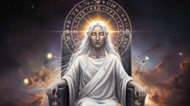 Mystical figure on throne illuminated by celestial halo