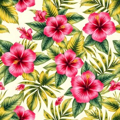 Motif sans couture avec fleurs et feuillage dans les tons rouge et vert. 