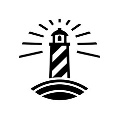Black and white lighthouse vector emitting light beams on hilltop, suitable for navigation safety, coastal guidance and maritime themed graphic projects