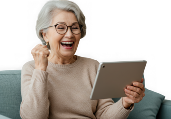 Happy senior woman celebrating with a tablet isolated on transparent background