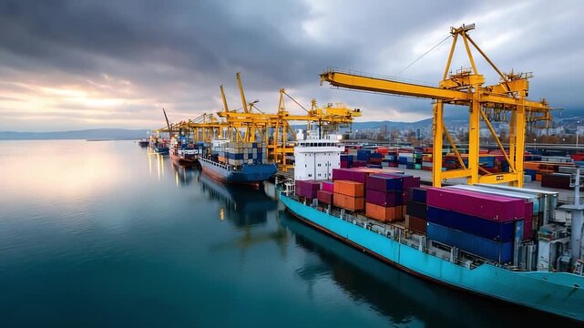 Container port with giant yellow gantry cranes loading ships and stacked colorful containers along calm water.