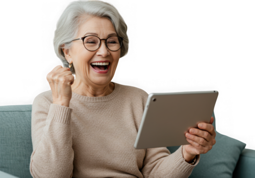 Happy senior woman celebrating with a tablet isolated on transparent background