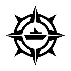 Black compass rose pointing north with cargo ship sailing towards it for maritime business, cruise travel, shipping companies or nautical themed corporate identity projects