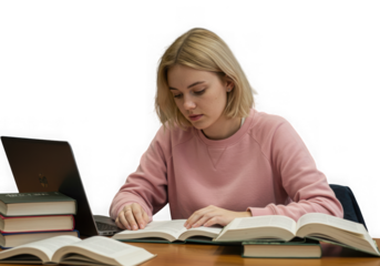 Young woman studying with books and laptop isolated on transparent background