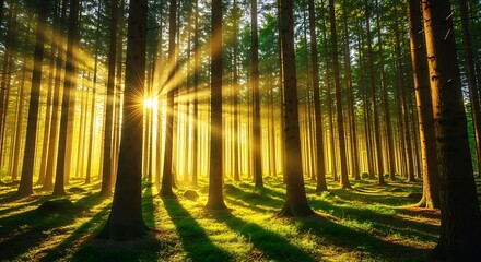 Obraz premium Golden sunbeams pierce through tall trees in a dense forest