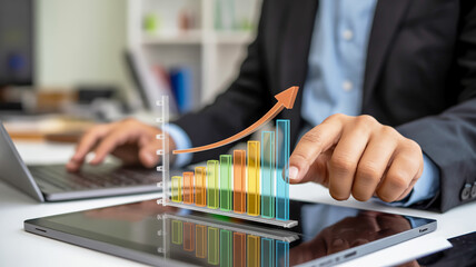 Businessman Analyzing Growth Chart on Tablet with Laptop finance