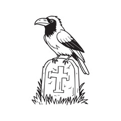  A black and white cartoon illustration of a friendly crow perched on a gravestone.