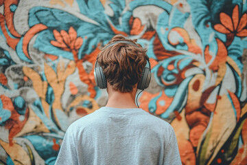 Teenager Wearing Wireless Headphones Against Graffiti Wall in Urban Street Art Scene Generative AI
