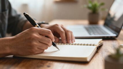 Fototapeta premium Hand pen notebook writing desk focus journal study