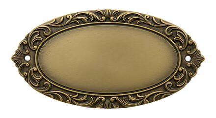 Antique brass oval floral frame feminine nameplate with ornate texture, isolated transparent blank