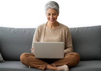Woman with gray hair sitting on a couch with a laptop isolated on transparent background