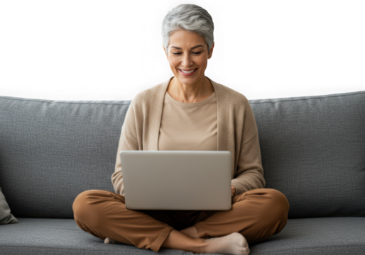 Woman with gray hair sitting on a couch with a laptop isolated on transparent background