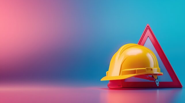 hardhat Safety Warning Symbol Bright yellow hardhat icon on a red triangular warning sign, simple and clear safety message