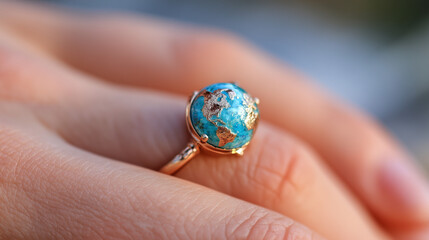 Unique turquoise globe earth ring with gold continents worn on a woman's hand