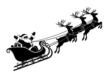 Naklejka premium santa claus with sleigh. A festive silhouette of Santa Claus flying in his sleigh, pulled by reindeer. Santa Claus vector. Christmas silhouette.