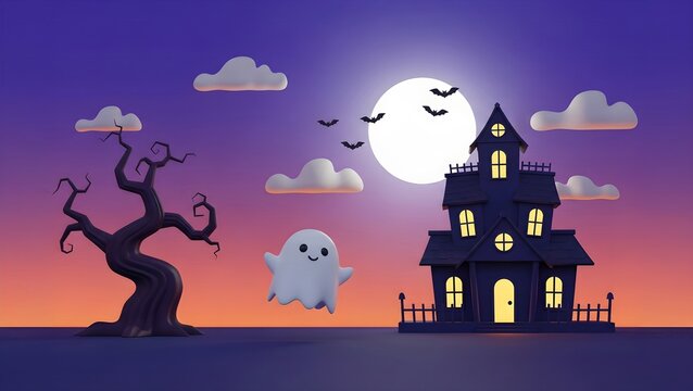 Cute ghost and bats against the moon, haunted house in 3d cute style on a purple sunset. Banner template for Halloween party invitations spooky night promotions and festive designs with copyspace.