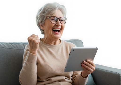 Excited senior woman with tablet isolated on transparent background