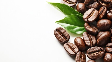 Obraz premium Roasted coffee beans and fresh green leaves on a clean white background.