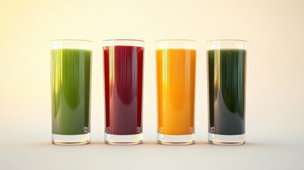 Four vibrant glasses of healthy fruit and vegetable juices.