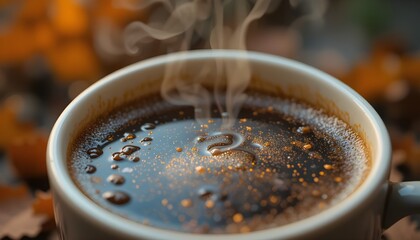 Steaming Cup of Coffee with Golden Sparkles in Warm Autumn Light