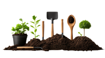 Gardening tools and plants with soil on transparent background