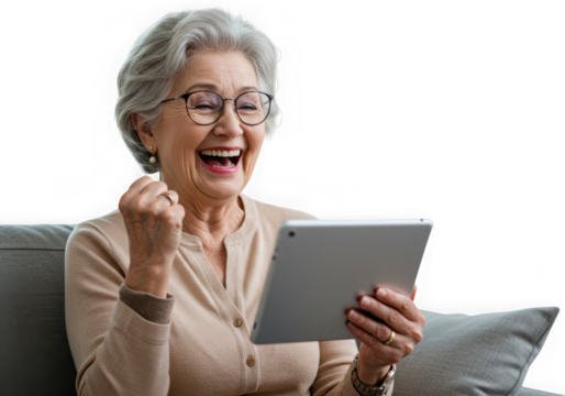 Happy senior woman celebrating with tablet isolated on transparent background