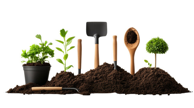 Gardening tools and plants with soil on transparent background
