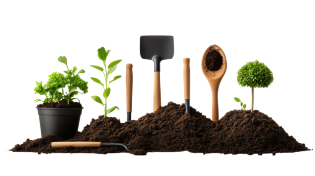 Gardening tools and plants with soil on transparent background