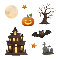 Halloween collection with jack o lantern, ghost, bat, spooky tree, and house on transparent background. Holiday fright night clip art for a celebration card and poster.