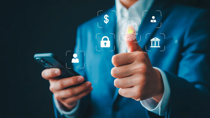 Businessman using fingerprint scanner on smartphone for secure digital access and finance technology