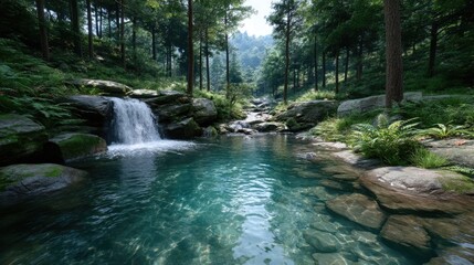 Fototapeta premium Lush Forest Waterfall Flowing into Tranquil Stream with Sun Dappled Rocks and Vibrant Green Foliage in a Cinematic High Dynamic Range Setting