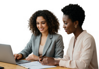 Two women collaborating on a laptop isolated on transparent background