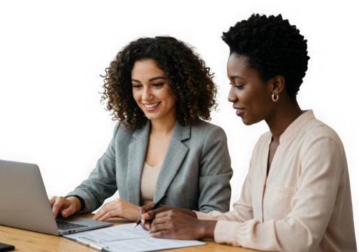Two women collaborating on a laptop isolated on transparent background