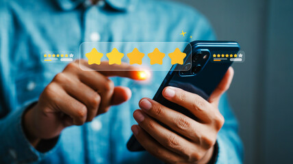 Close-up of hands holding a smartphone with a five-star rating displayed review mobile phone