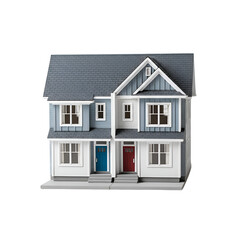 Miniature Townhouse Model Showcases Blue and Red Doors with Gray Roof on Transparent Background