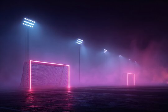 Illuminated soccer field at night, bathed in purple and blue light with fog