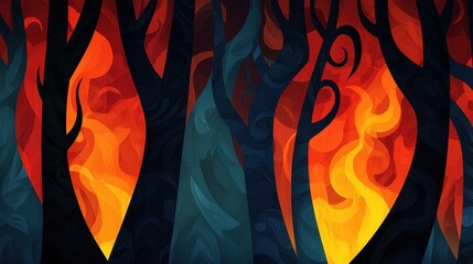 Abstract Forest Fire with Vibrant Flames and Dark Tree Silhouettes