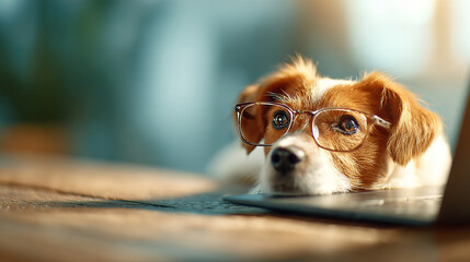 Clever dog wearing glasses resting on laptop, showcasing relaxed and curious demeanor