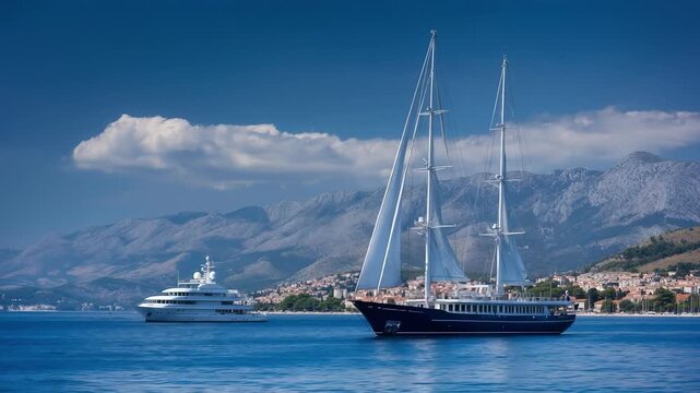 Two-masted sailboat on a calm blue sea near a coastal town; a white motor yacht in the distance with mountains in the background.