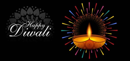 Diwali Celebration With Lit Diya And Elegant Greeting On Black Background, Festive Lights